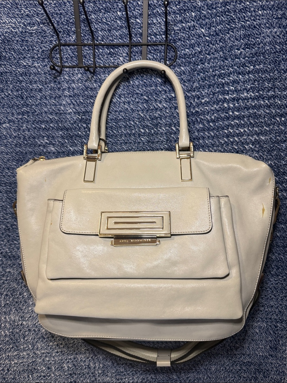 Anya Hindmarch Cream Leather Satchel with Gold Hardware